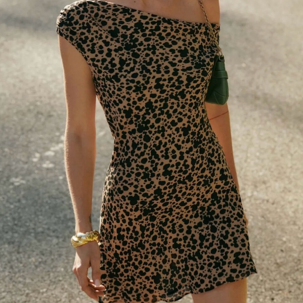 Reformation One Shoulder Black and Tan Dress